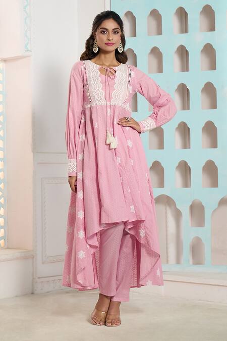 Buy_Naintara Bajaj_Pink Cotton Lace Snow Flake Pattern Asymmetric Anarkali With Pant _Online_at_Aza_Fashions