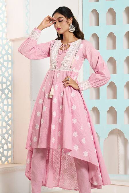 Shop_Naintara Bajaj_Pink Cotton Lace Snow Flake Pattern Asymmetric Anarkali With Pant _Online_at_Aza_Fashions