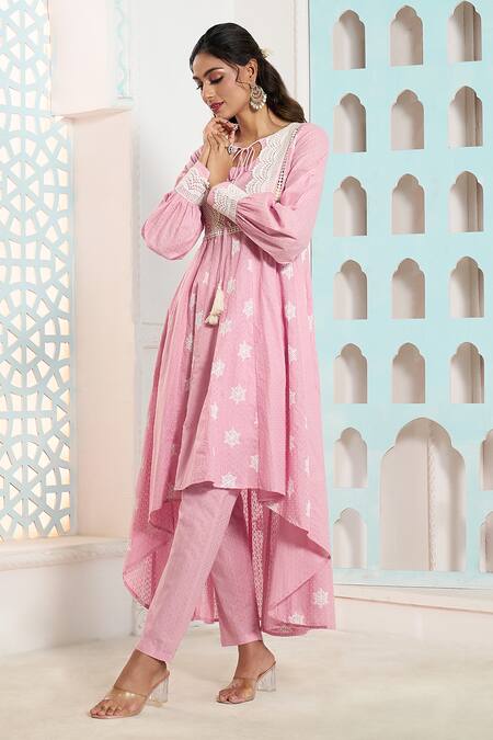 Naintara Bajaj_Pink Cotton Lace Snow Flake Pattern Asymmetric Anarkali With Pant _at_Aza_Fashions