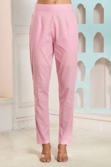 Buy_Naintara Bajaj_Pink Cotton Lace Snow Flake Pattern Asymmetric Anarkali With Pant 