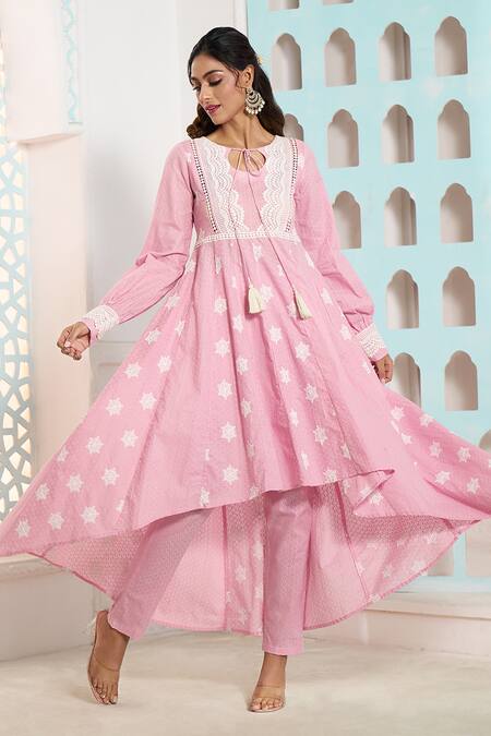 Shop_Naintara Bajaj_Pink Cotton Lace Snow Flake Pattern Asymmetric Anarkali With Pant 