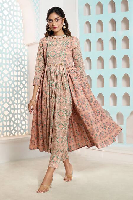 Buy_Samyukta Singhania_Coral Cotton Embroidery High Geometric Pattern Overlapping Anarkali Pant Set_Online_at_Aza_Fashions