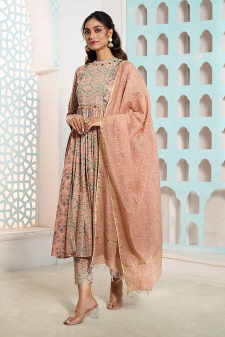 Shop_Samyukta Singhania_Coral Cotton Embroidery High Geometric Pattern Overlapping Anarkali Pant Set_Online_at_Aza_Fashions