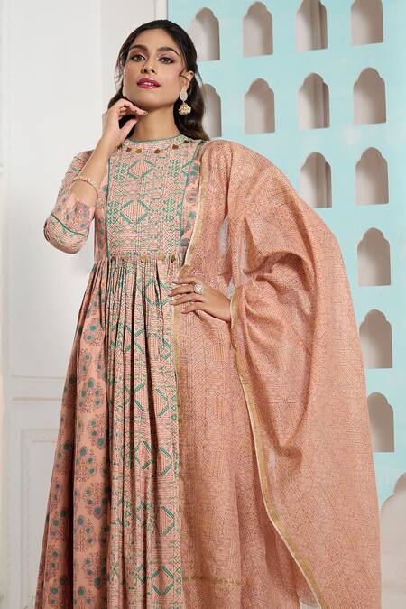 Shop_Samyukta Singhania_Coral Cotton Embroidery High Geometric Pattern Overlapping Anarkali Pant Set