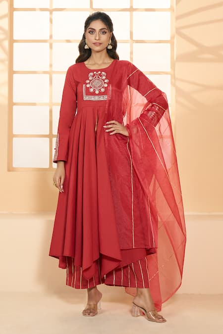 Adara Khan Red Cotton Embroidered Placement Round Asymmetric Anarkali Pant Set