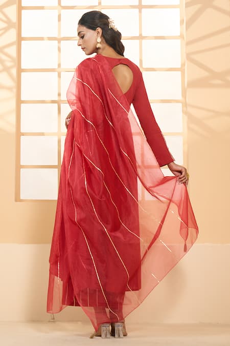 Samyukta Singhania Red Cotton, Chiffon Embroidery Round Asymmetric Placement Anarkali Pant Set Online at Aza Fashions Samyukta Singhania_Red Cotton, Chiffon Embroidery Round Asymmetric Placement Anarkali Pant Set _Online_at_Aza_Fashions