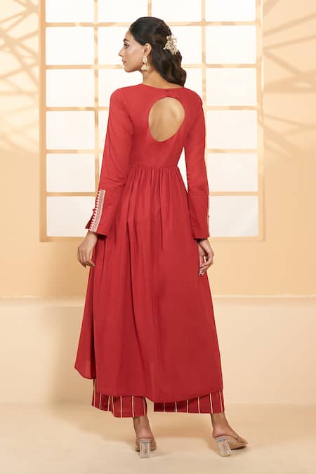 Shop Samyukta Singhania Red Cotton, Chiffon Embroidery Round Asymmetric Placement Anarkali Pant Set Online at Aza Fashions Shop_Samyukta Singhania_Red Cotton, Chiffon Embroidery Round Asymmetric Placement Anarkali Pant Set _Online_at_Aza_Fashions