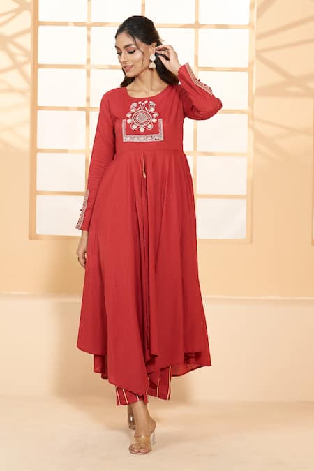 Samyukta Singhania Red Cotton, Chiffon Embroidery Round Asymmetric Placement Anarkali Pant Set at Aza Fashions Samyukta Singhania_Red Cotton, Chiffon Embroidery Round Asymmetric Placement Anarkali Pant Set _at_Aza_Fashions