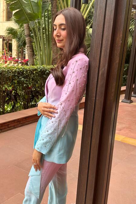 Shop_Label Deepika Nagpal_Green Taffeta, Brocade Crystals Alma Two Tone Blazer With Trouser_Online_at_Aza_Fashions