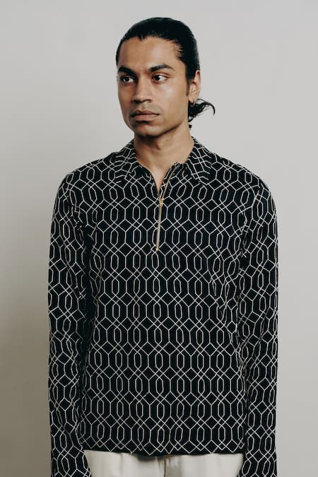 Shop Krishna Mehta Black Tussar Embroidery Thread Shirt Online at Aza Fashions Shop_Krishna Mehta_Black Tussar Embroidery Thread Shirt _Online_at_Aza_Fashions