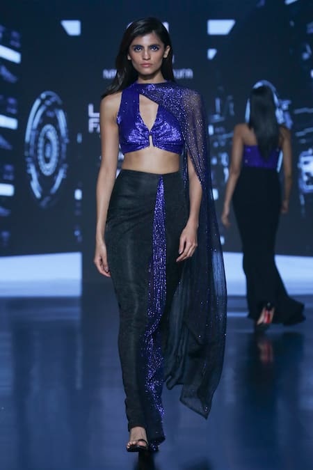 Namrata Joshipura_Black Silk, Net Sequins, Embroidery Streaks Pre-draped Hand Saree With Blouse _Online_at_Aza_Fashions