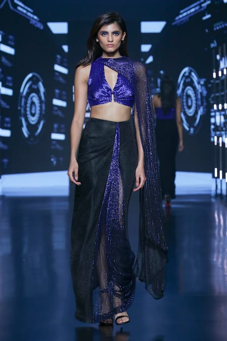 Buy_Namrata Joshipura_Black Silk, Net Sequins, Embroidery Streaks Pre-draped Hand Saree With Blouse _Online_at_Aza_Fashions
