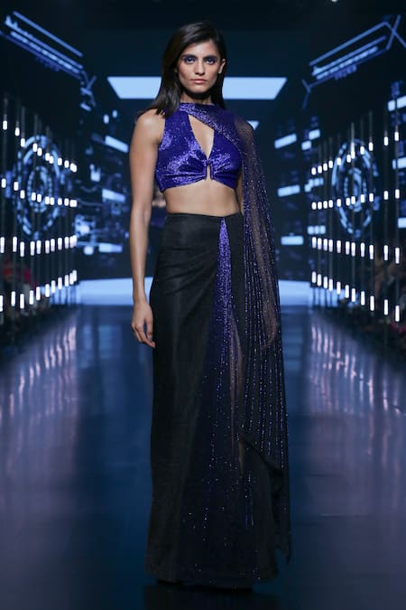 Namrata Joshipura_Black Silk, Net Sequins, Embroidery Streaks Pre-draped Hand Saree With Blouse _at_Aza_Fashions