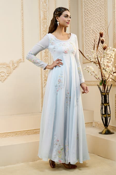 Buy Aariyana Couture Blue Viscose, Satin, Lycra Embroidery, Tassels, Beads Scoop Floral Anarkali Set Buy_Aariyana Couture_Blue Viscose, Satin, Lycra Embroidery, Tassels, Beads Scoop Floral Anarkali Set