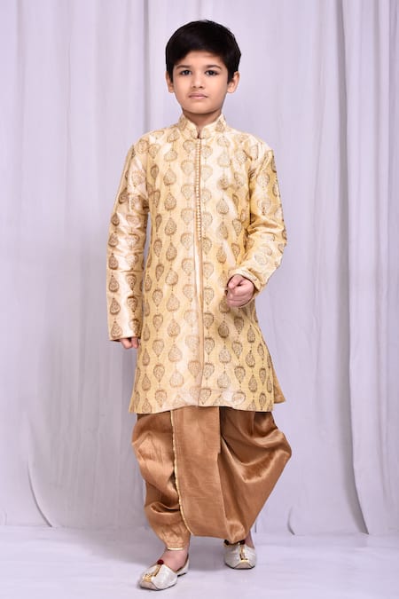 Buy Beige Dupion Art Silk Embroidery Damask Kurta With Dhoti Pant For Babes By Banana Bee Online