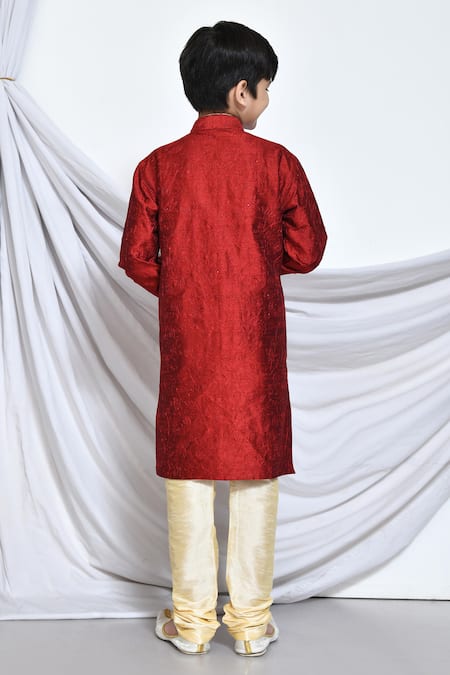 Shop_Petite Pomme_Red Silk, Cotton Embroidery Gardenia Kurta With Churidar _at_Aza_Fashions