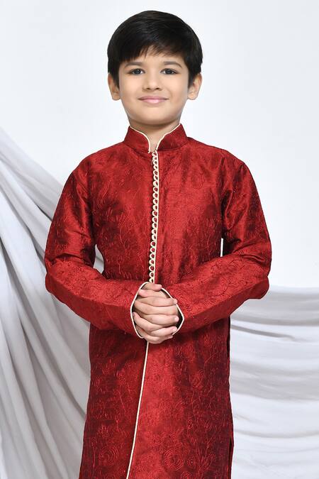 Petite Pomme_Red Silk, Cotton Embroidery Gardenia Kurta With Churidar _Online_at_Aza_Fashions