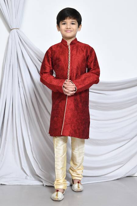 Buy_Petite Pomme_Red Silk, Cotton Embroidery Gardenia Kurta With Churidar _Online_at_Aza_Fashions