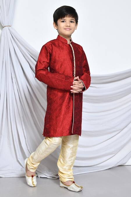 Shop_Petite Pomme_Red Silk, Cotton Embroidery Gardenia Kurta With Churidar _Online_at_Aza_Fashions