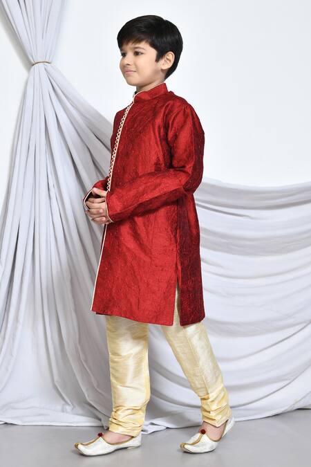 Petite Pomme_Red Silk, Cotton Embroidery Gardenia Kurta With Churidar _at_Aza_Fashions