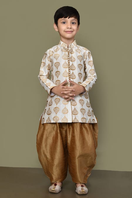 Petite Pomme_Cream Denim, Silk Embroidery Spade Bloom Motif Kurta With Patiala Pant _Online_at_Aza_Fashions