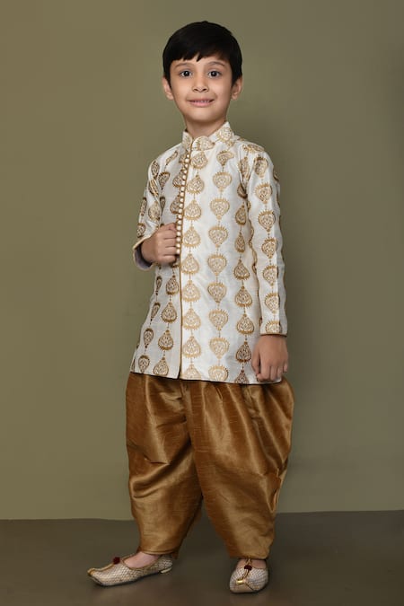 Shop_Petite Pomme_Cream Denim, Silk Embroidery Spade Bloom Motif Kurta With Patiala Pant _Online_at_Aza_Fashions