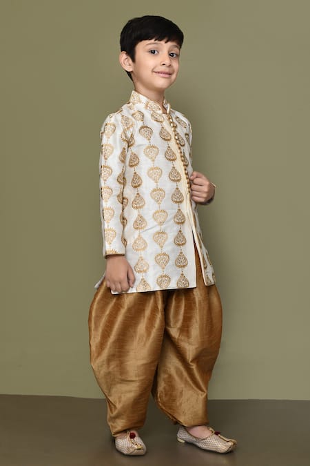 Petite Pomme_Cream Denim, Silk Embroidery Spade Bloom Motif Kurta With Patiala Pant _at_Aza_Fashions