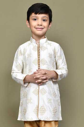 Petite Pomme_Cream Denim, Silk Embroidery Clover Cluster Kurta With Churidar _Online_at_Aza_Fashions