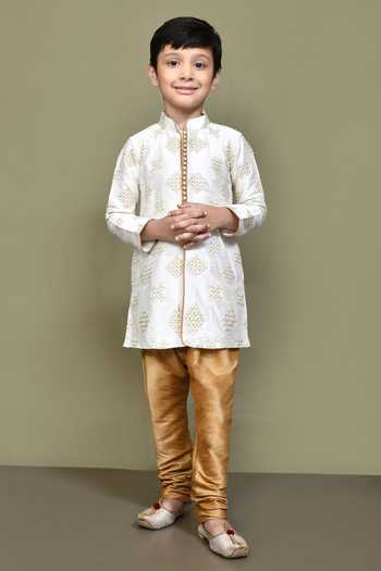 Buy_Petite Pomme_Cream Denim, Silk Embroidery Clover Cluster Kurta With Churidar _Online_at_Aza_Fashions