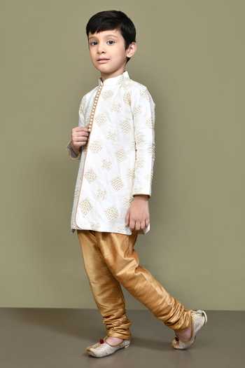 Shop_Petite Pomme_Cream Denim, Silk Embroidery Clover Cluster Kurta With Churidar _Online_at_Aza_Fashions