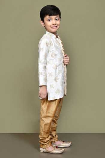 Petite Pomme_Cream Denim, Silk Embroidery Clover Cluster Kurta With Churidar _at_Aza_Fashions