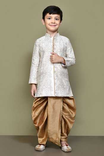 Petite Pomme_Cream Silk, Polyester Acanthus Bloom Embroidered Kurta With Dhoti Pant _Online_at_Aza_Fashions