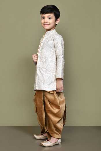 Buy_Petite Pomme_Cream Silk, Polyester Acanthus Bloom Embroidered Kurta With Dhoti Pant _Online_at_Aza_Fashions