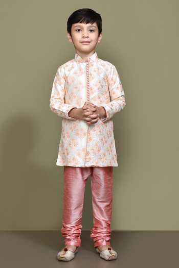 Petite Pomme_Cream Silk, Cotton Embroidery Plume Garden Kurta With Churidar _Online_at_Aza_Fashions