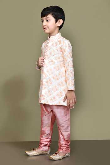 Shop_Petite Pomme_Cream Silk, Cotton Embroidery Plume Garden Kurta With Churidar _Online_at_Aza_Fashions