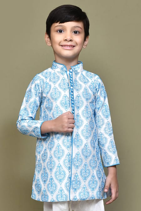 Buy_Petite Pomme_Blue Silk Embroidery Art Nouveau Kurta With Churidar _Online_at_Aza_Fashions