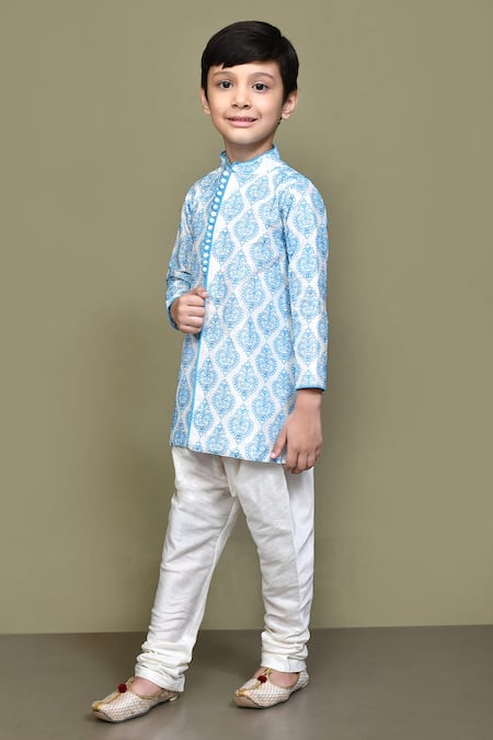 Shop_Petite Pomme_Blue Silk Embroidery Art Nouveau Kurta With Churidar _Online_at_Aza_Fashions