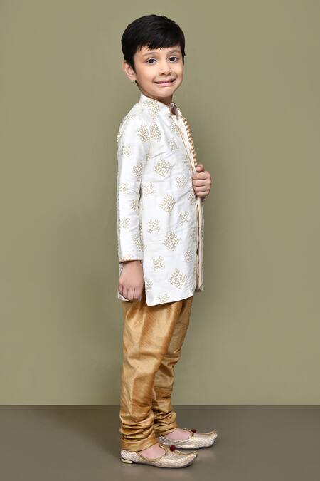Petite Pomme_Cream Silk Embroidery Floral Geometric Kurta _at_Aza_Fashions