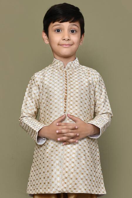 Petite Pomme_Cream Silk Embroidery Floral Geometric Straight Kurta _Online_at_Aza_Fashions