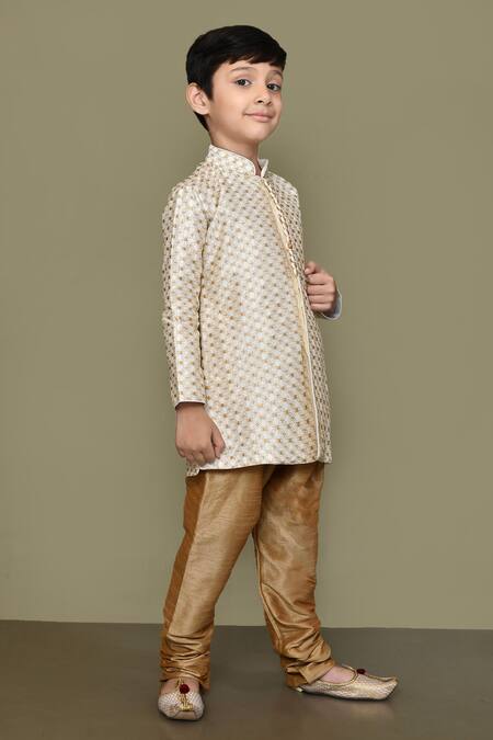 Petite Pomme_Cream Silk Embroidery Floral Geometric Straight Kurta _at_Aza_Fashions