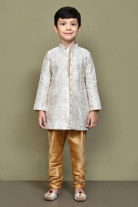 Petite Pomme_Cream Silk Embroidery Paisley Straight Kurta _Online_at_Aza_Fashions