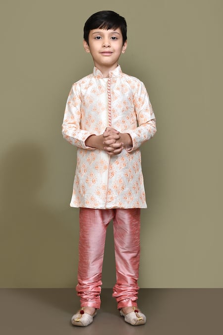 Petite Pomme_Cream Silk Embroidery Floral Thread Kurta _Online_at_Aza_Fashions