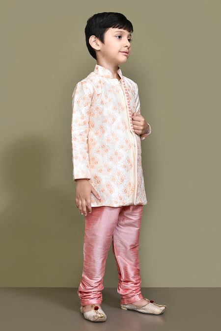Petite Pomme_Cream Silk Embroidery Floral Thread Kurta _at_Aza_Fashions