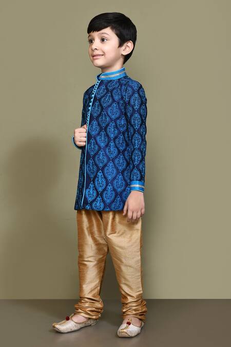 Shop_Petite Pomme_Blue Silk Embroidery Straight Kurta _Online_at_Aza_Fashions