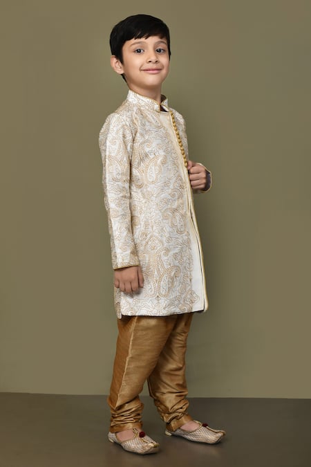 Petite Pomme_Cream Silk Embroidery Paisley Thread Kurta _at_Aza_Fashions