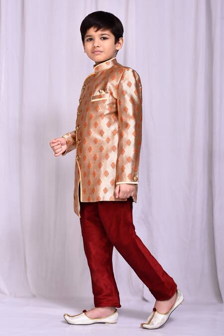 Petite Pomme_Beige Jacquard, Silk Asymmetric Sherwani And Pant Set _at_Aza_Fashions