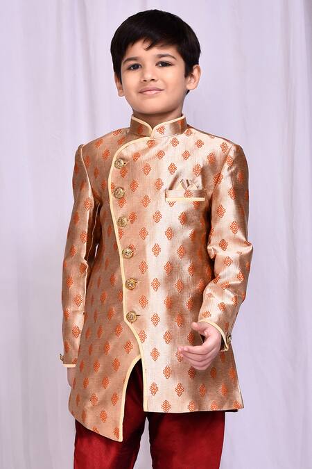 Petite Pomme_Beige Jacquard Asymmetric Sherwani _Online_at_Aza_Fashions
