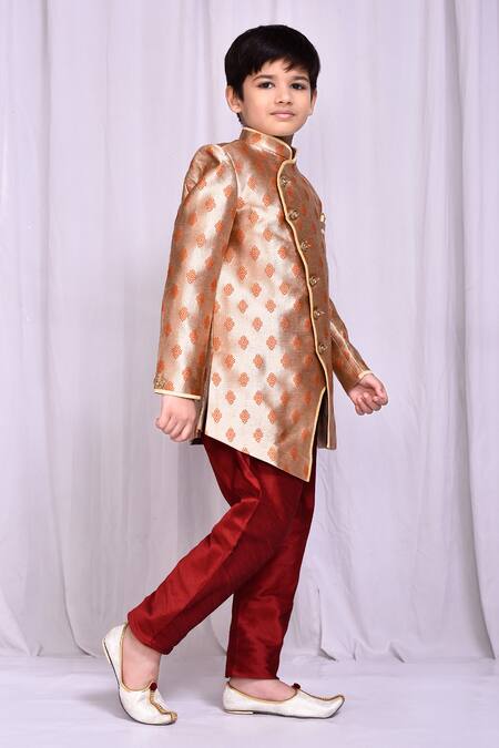 Petite Pomme_Beige Jacquard Asymmetric Sherwani _at_Aza_Fashions