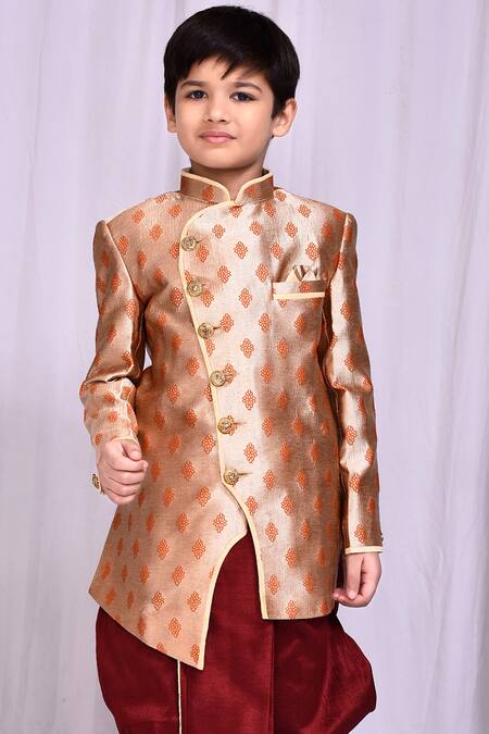 Petite Pomme_Beige Jacquard, Silk Asymmetric Sherwani And Dhoti Pant Set _Online_at_Aza_Fashions