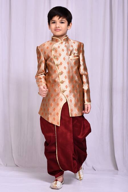 Buy_Petite Pomme_Beige Jacquard, Silk Asymmetric Sherwani And Dhoti Pant Set _Online_at_Aza_Fashions